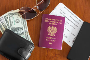 Travel wallet and passport on a table